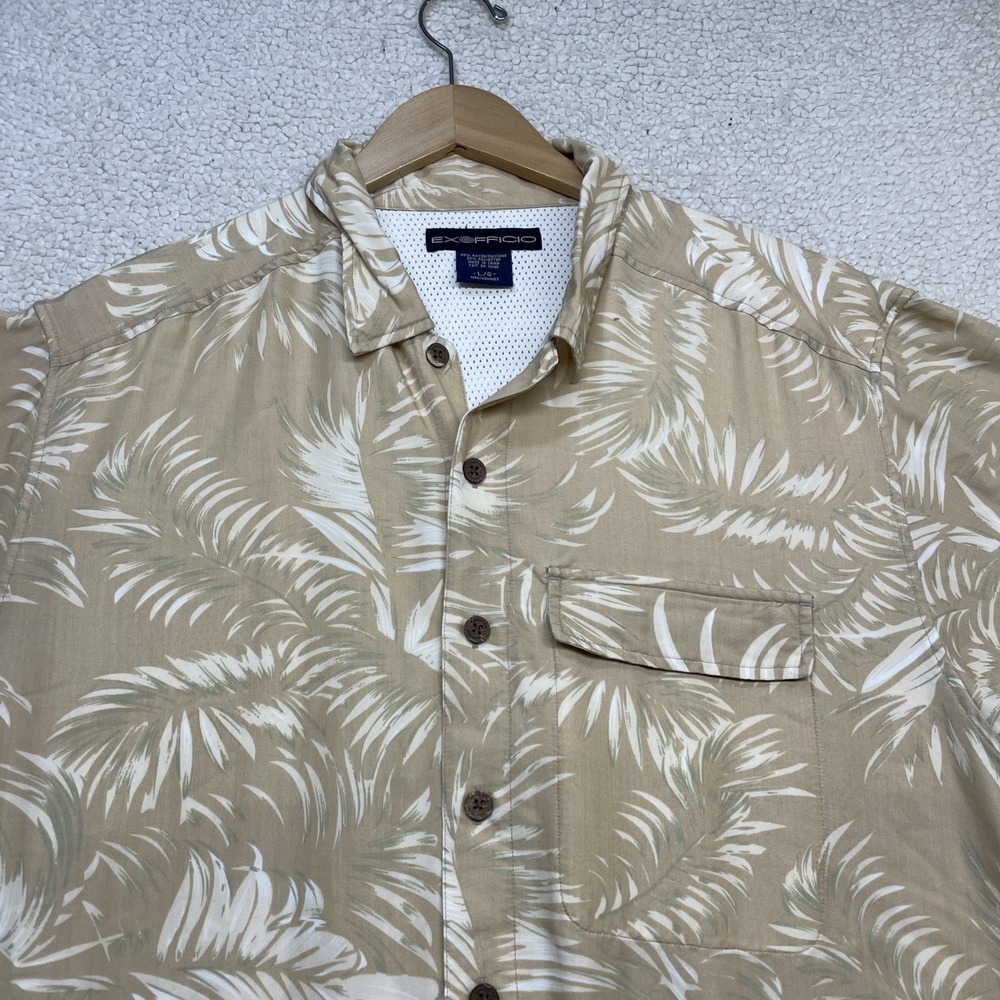 ExOfficio Shirt Mens Large Tan Palm Print Short Sleeve Button Down Vented Travel